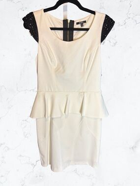 XOXO Cream Peplum Midi Dress with Black Lace Cap Sleeves